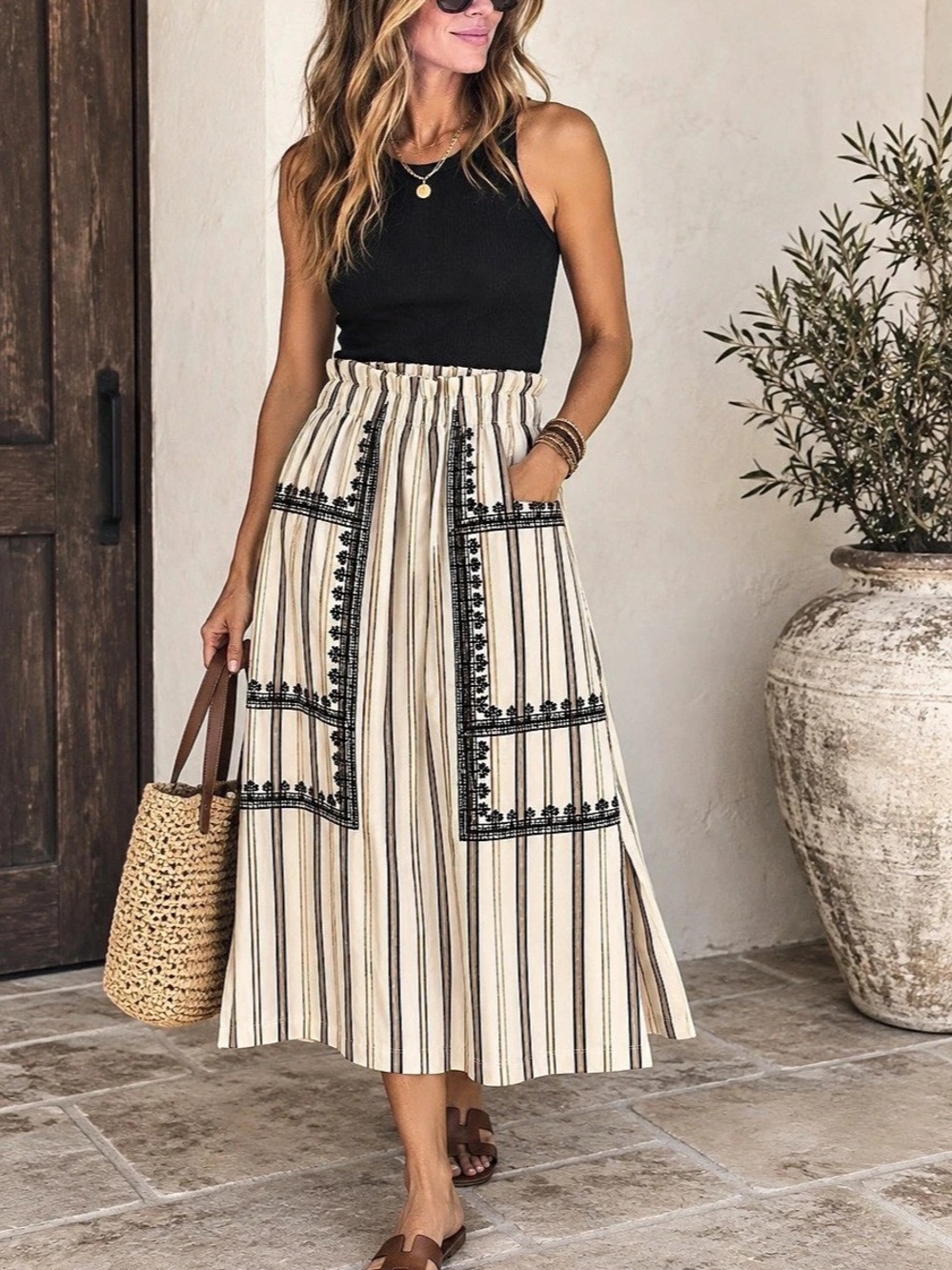 Zara Trafaluc L Embroidered Striped Midi Skirt Boho Pockets Side Slits